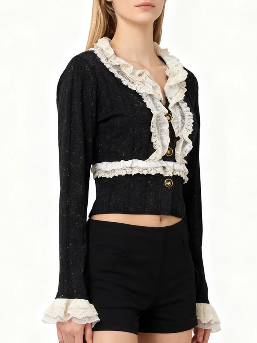 VGH Temperament Verstärktes Rüschen Abnehmen Hit Farbe Jacken Für Frauen Rundhals Langarm Herbst Chic Jacke Weibliche Mode Neue