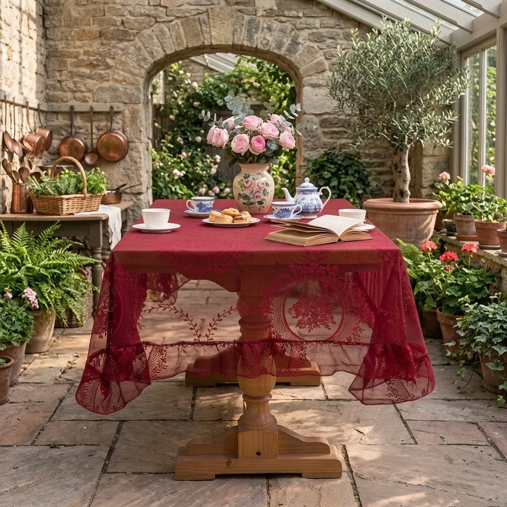 Embroidered Flower Vine Lace Tablecloth Sheer Heat Resistant Fabric with Ruffle Edge for Table For Decor 140 240CM