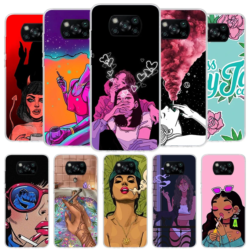 Lovelorn Smoking Girl Sad Cover Phone Case For Xiaomi Poco X6 X5 X4 Nfc X3 Pro F6 F5 F4 Gt F3 F2 F1 M5S M4 M3 Soft Fundas Shell