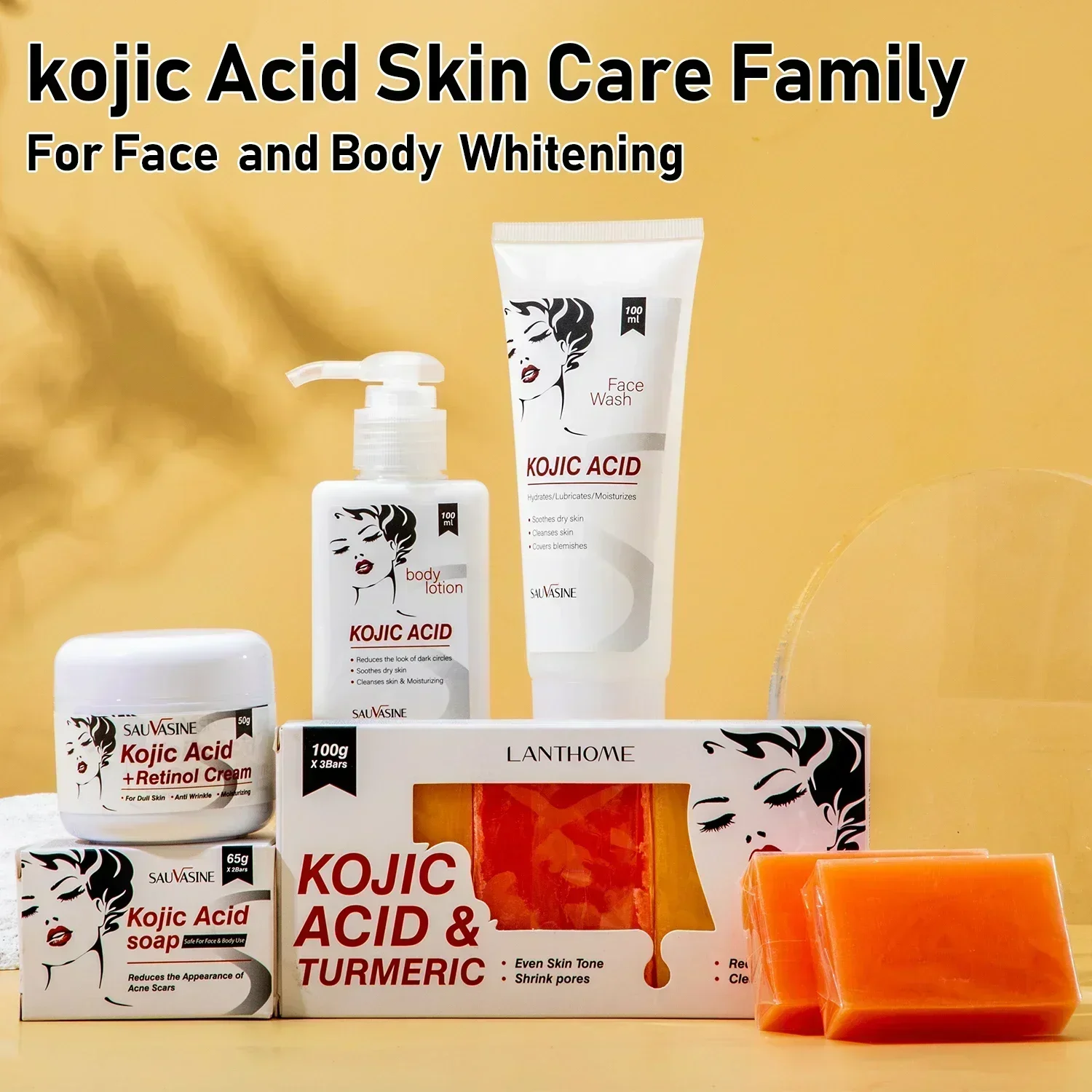 Kojic Acid Skin Care Set Kojic Acid Soap Skin Whitening Cream Dark Spot Remover for Dark Skin Smooth Moisturizing Face Cream