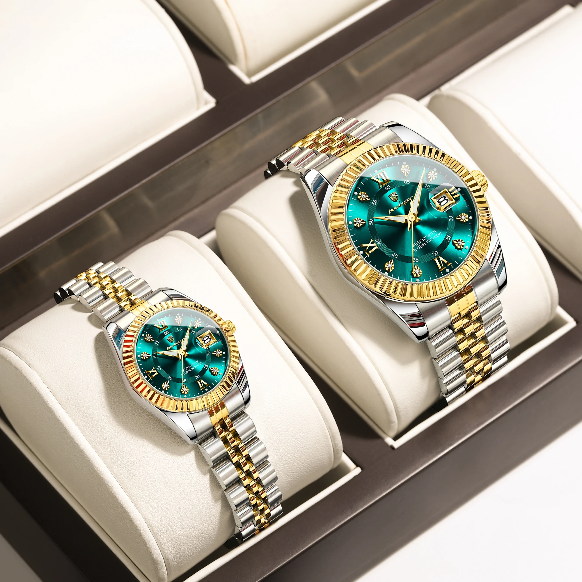 POEDAGAR Casual Couple's Watches Luminous Date Watches For Couple Quartz Stainless Steel Fashion Couple Watch Love Gift Set+Box
