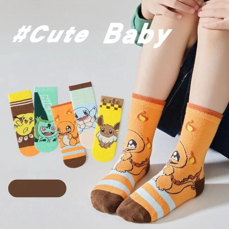 

5Pairs Pikachu Childrens Socks for Girls Boys Cute Cartoon Knit Warm Medium Stockings Anime Kids Cotton Tube Socks Autumn Winter