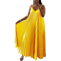 Sexy Spaghetti Strap Dress Pleated for Women V Neck Backless Sleeveless Loose Straight Ankle Length Female Party Birthday Dress