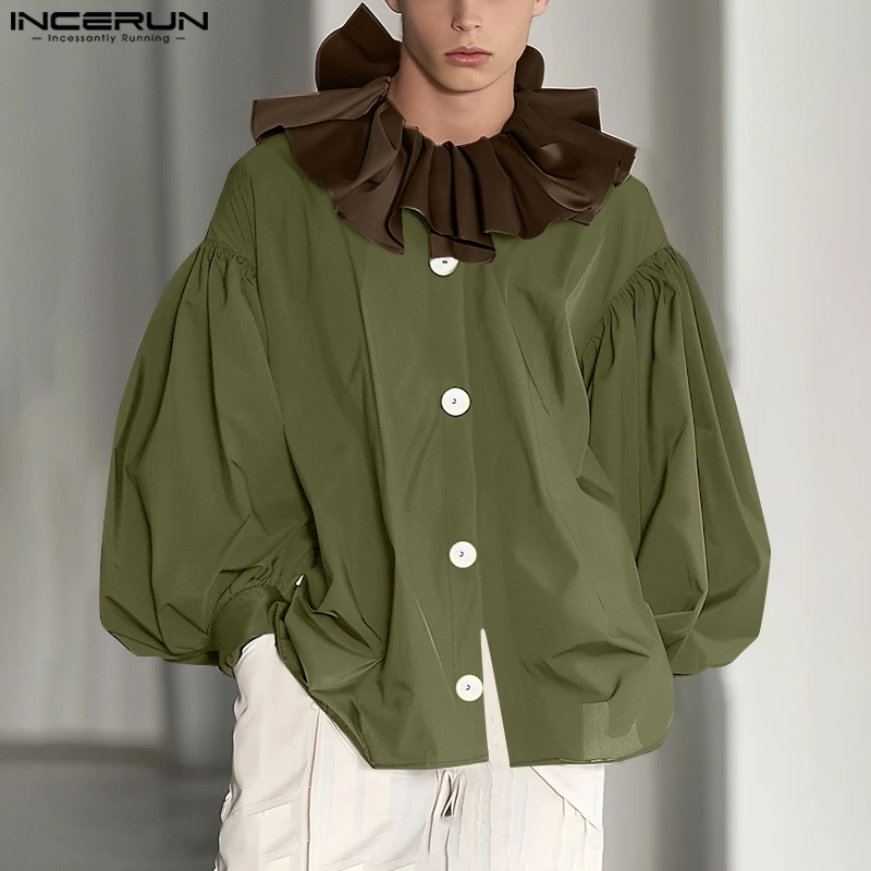 

INCERUN топы 2024, повседневные мужские рубашки в американском стиле с рюшами и воротником контрастного цвета, мужская свободная блузка с длинными рукавами в стиле ретро