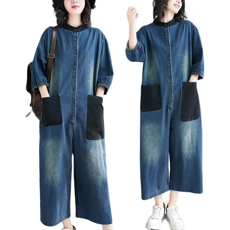

Retro Large Size Denim Overalls Women's High Waist Long Pants with kets Commute Sle Autumn New Arrival plus Size