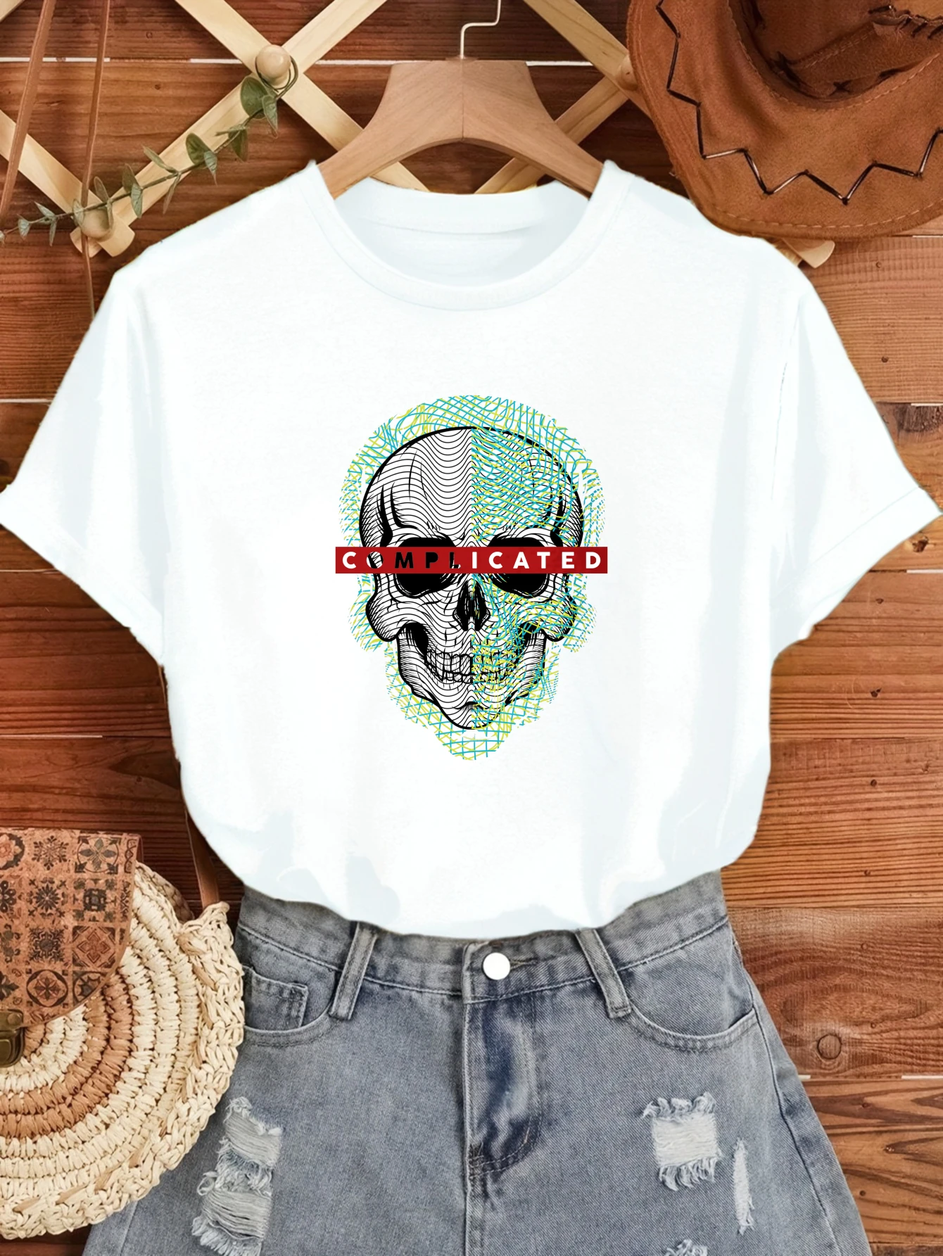 

Women's T-shirts Chinese style Short sleeve tee graphic t shirts Casual 100% cotton Capitalized Skull With Pattern printed tee