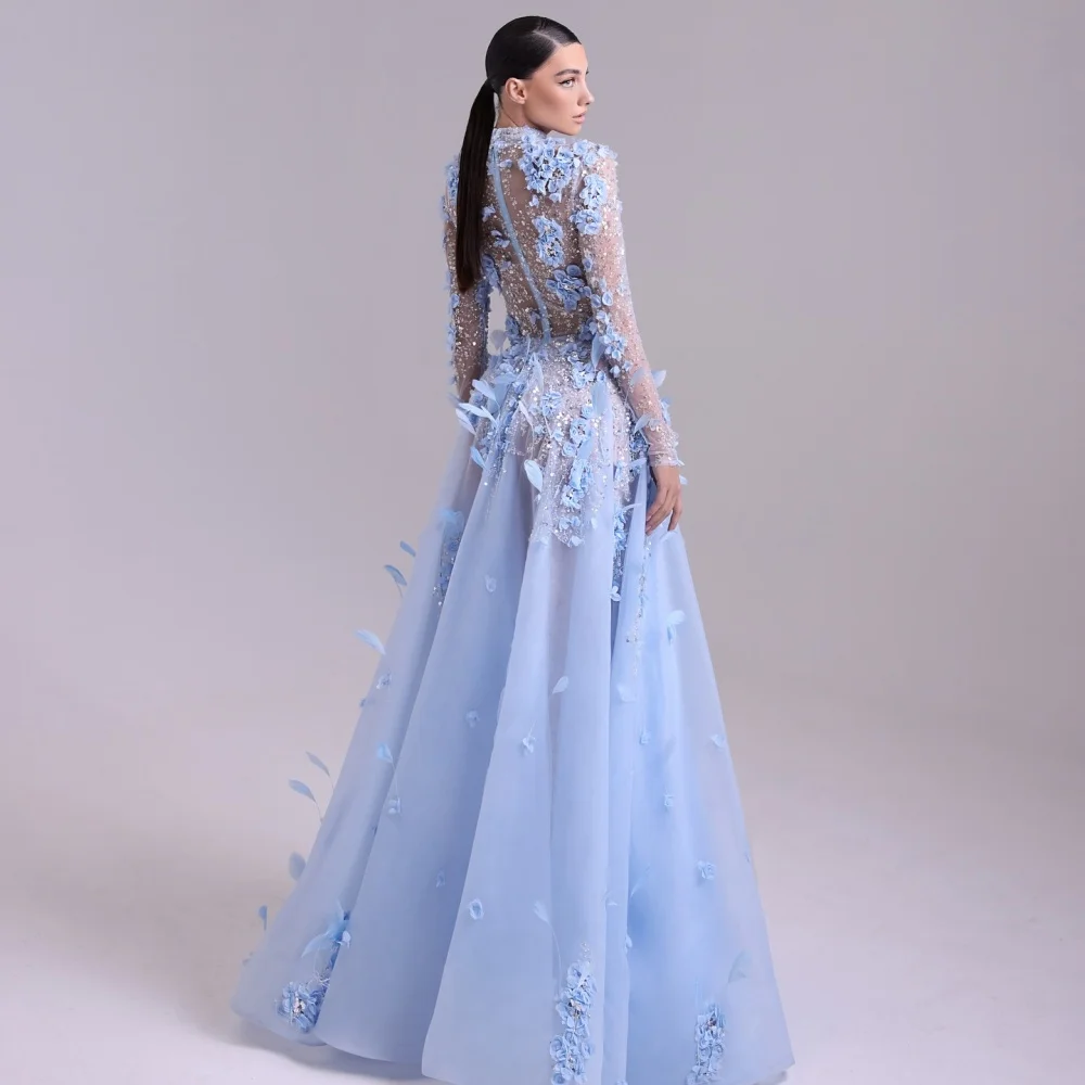 Bella personalizar vestidos de fiesta de plumas de sirena azul flores 3D cuello Halter vestidos de graduación guantes hasta el suelo vestido de novia 2025