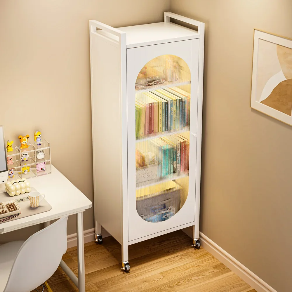 Steel Bookcase with Door, Dust-Proof Children's Bookshelf, Floor-to-Ceiling Storage Cabinet, Movable Small