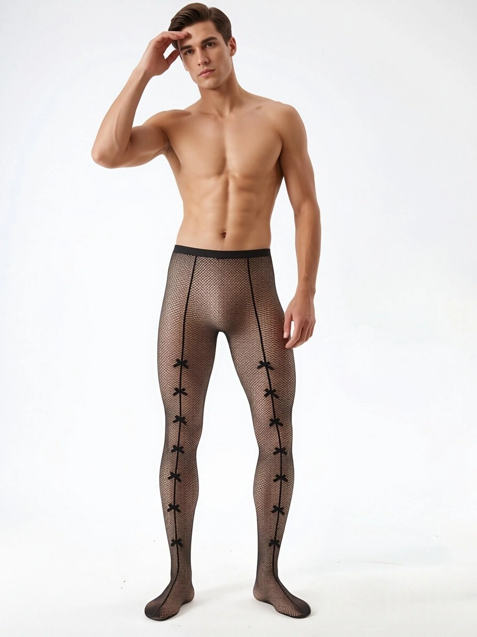 Men Fishnet Tights Bow Star Floral Pattern Mesh Pantyhose Stretch See Through Full Length Hosiery Male Club Party intimate view 2