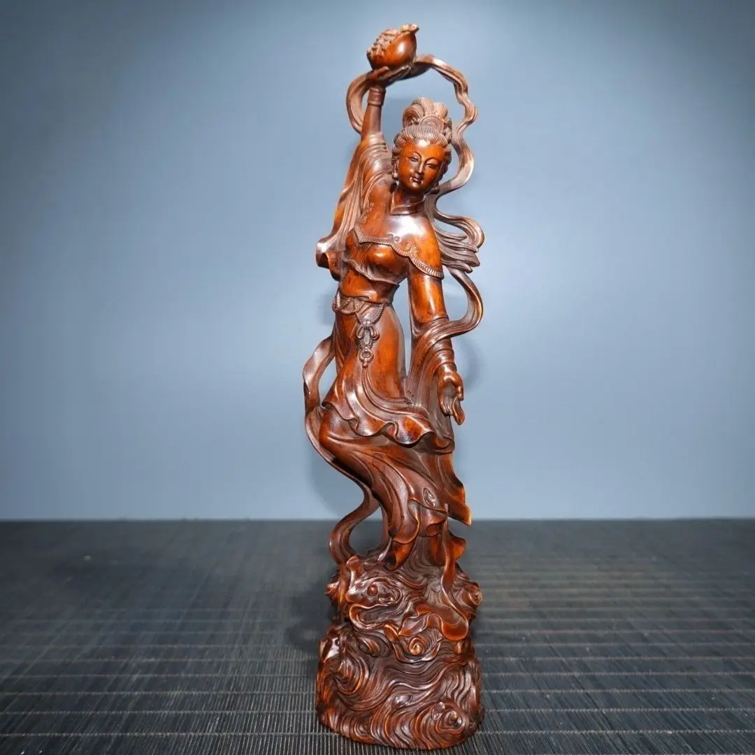 Hand Carved Wood Heavenly Maiden Scattering Flowers Statue Figurine Home Desktop Ornament Craft Gift