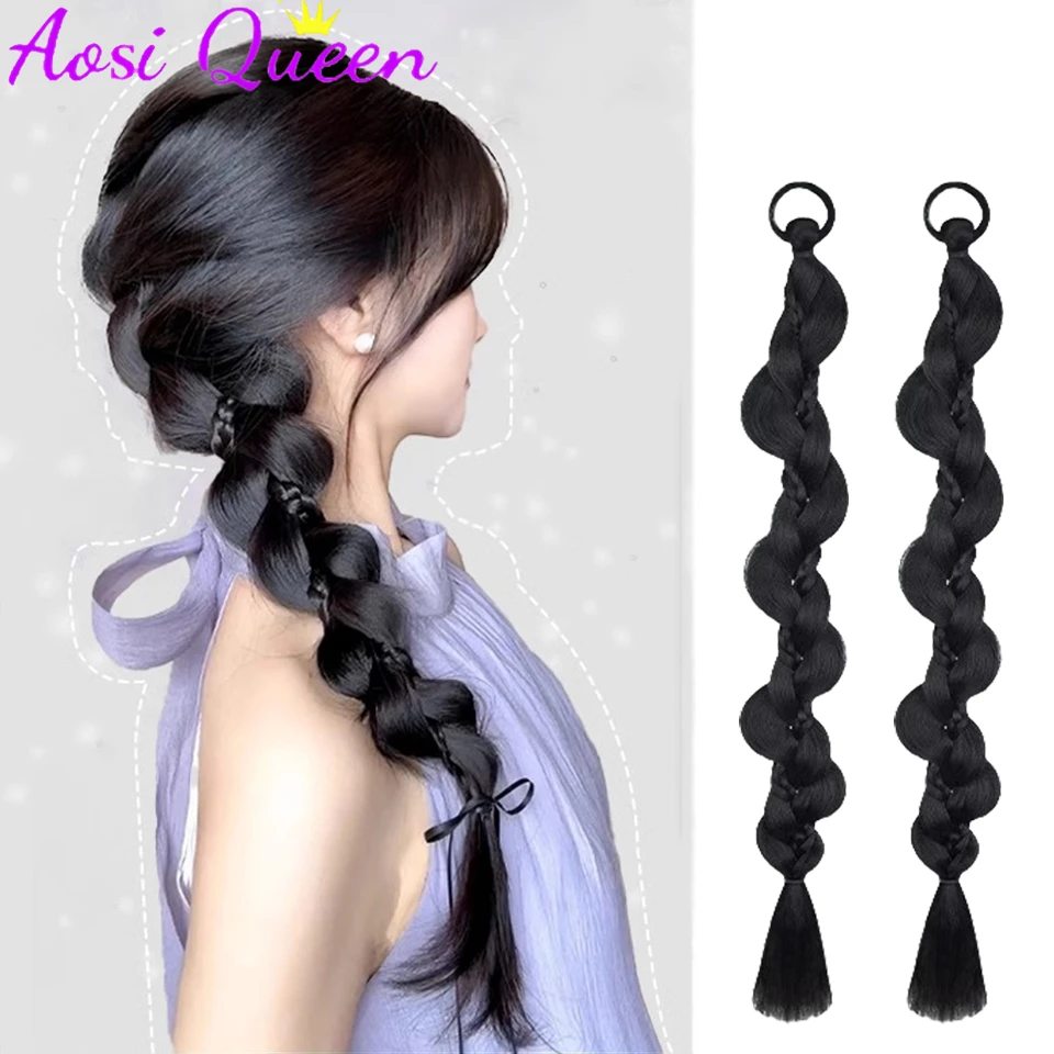 AOSI Synthetic Long Twist Braid Ponytail Extensions With Rubber Band 24 Inch Boxing Braided Hair Extensions For Women Daily Use