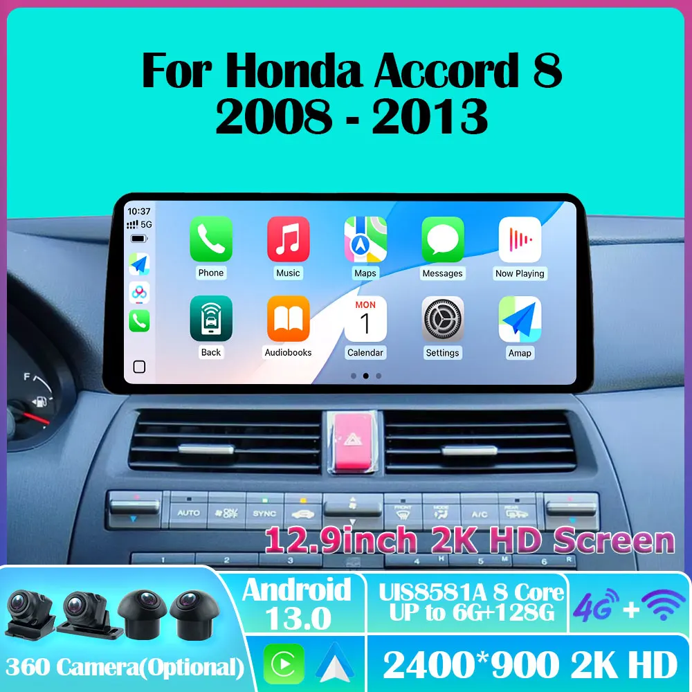 

Автомобильное радио Android 13 для Honda Accord 8 2008-2013, 12,9 дюйма, автомагнитола Carplay, авто GPS, Navi, мультимедийный плеер, стерео HU DVD