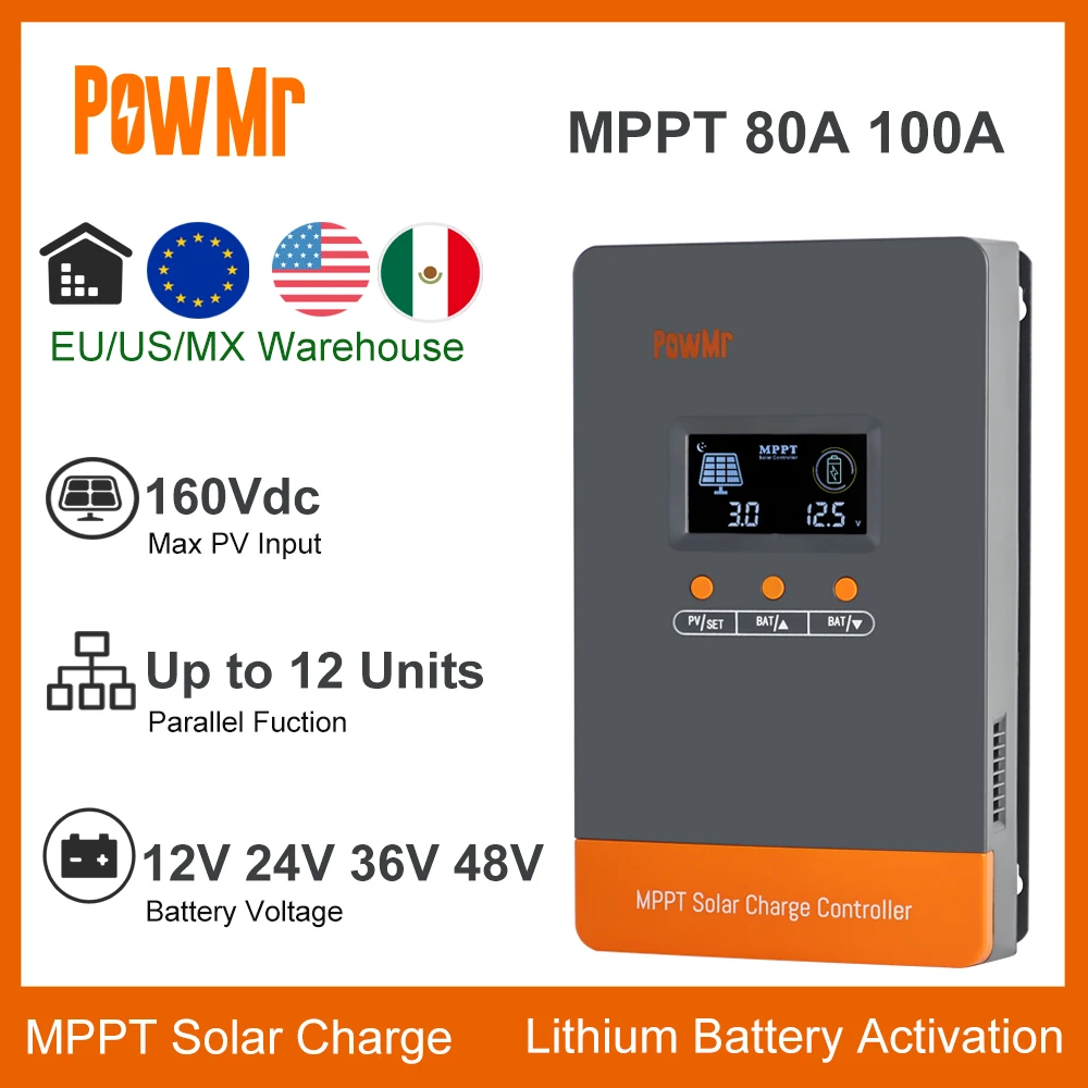 powmr 80a 100a mppt controlador de carga solar 12v 24v 36v 48v auto max solar pv 160v regulador suporta ate 12 unidades em paralelo 01