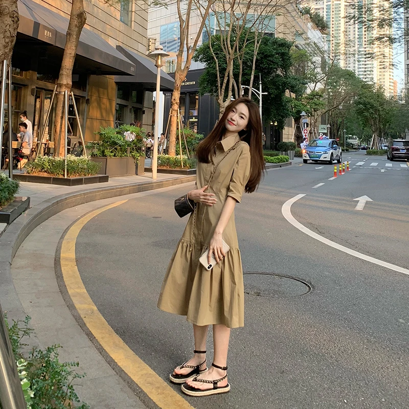 

Летняя женская юбка Dr Coolline средней длины, однотонная, с воротником, на одной пуговице, А-силуэт, модель H-ape