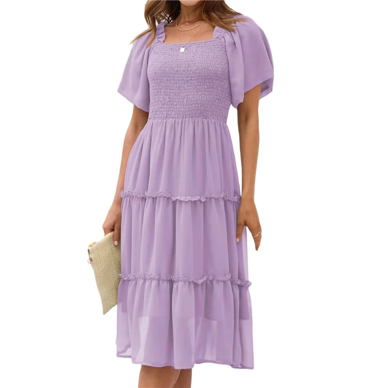 CYL-Women's Summer Casual Flutter Sleeve Square Neck Smocked Midi Dress
