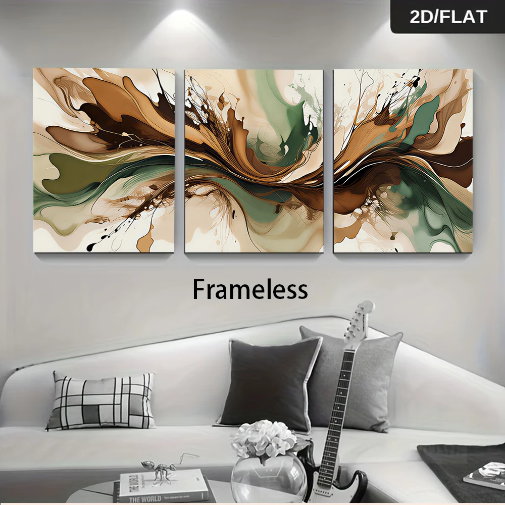 1 set of modern abstract ink triple frameless decorative paintings, living room sofa background wall, green brown art splash pai