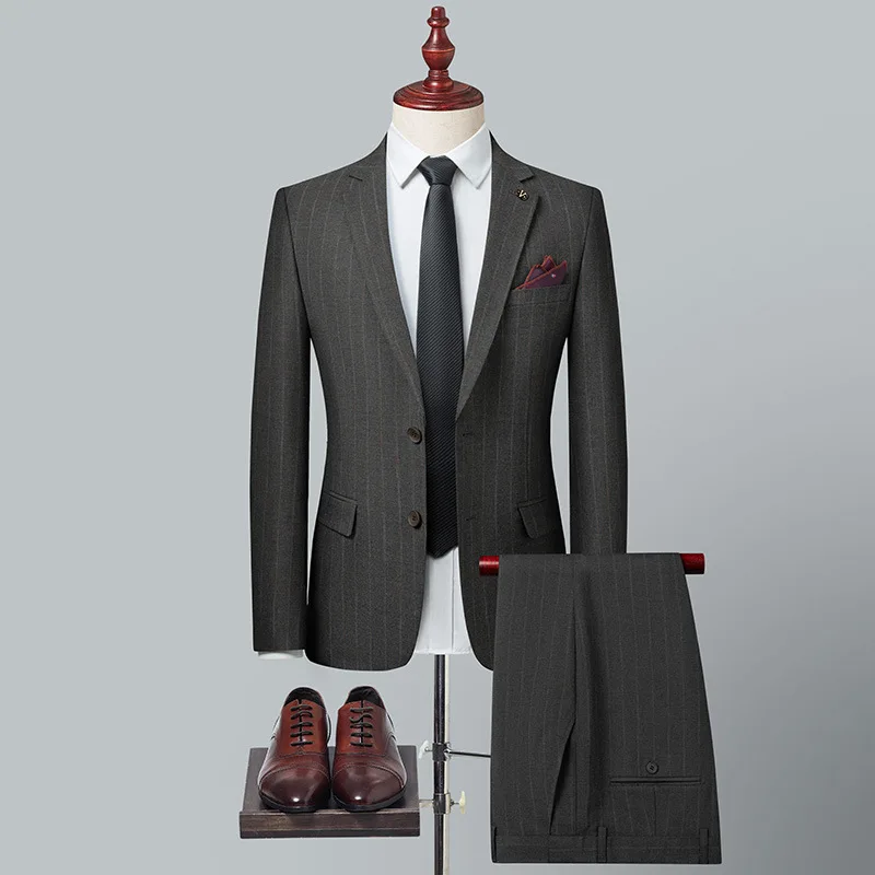 

Мужской костюм KIDWHXR: Полосатый однобортный пиджак с длинным рукавом и брюки прямого кроя – комфортный деловой комплект из 2 предметов