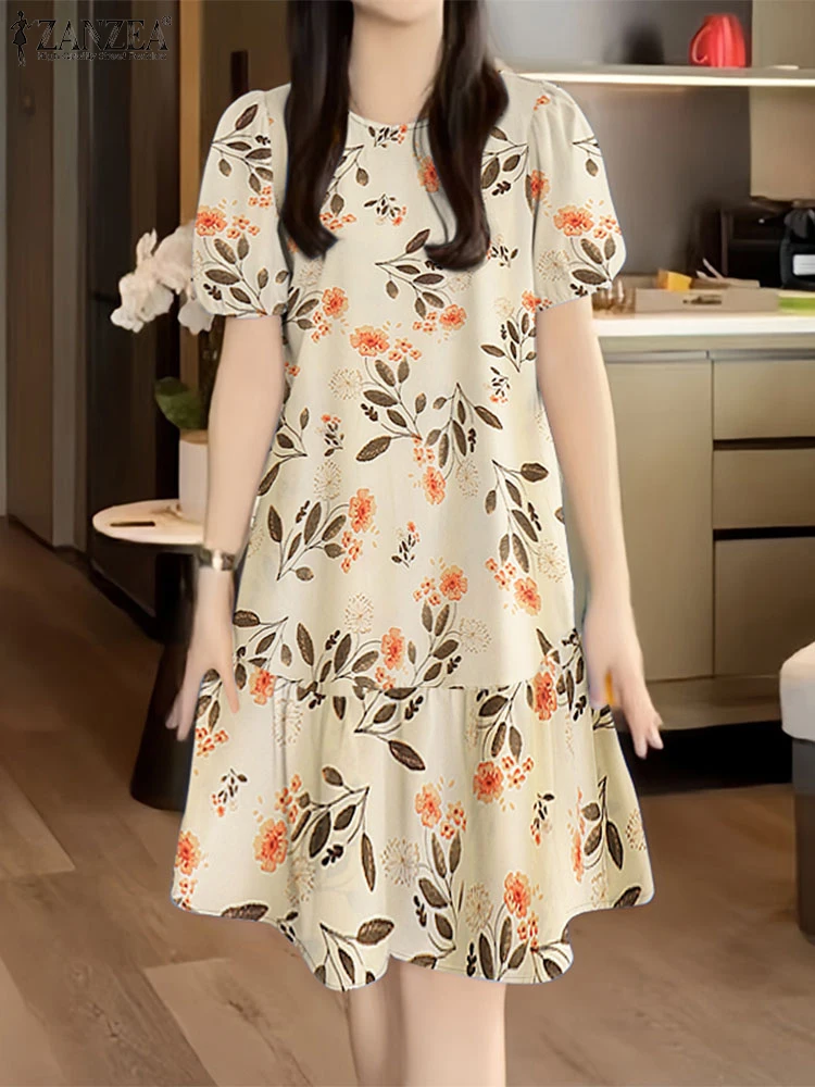 Sukienki damskie do kolan z kwiatowym wzorem na lato 2025, codzienne, z okrągłym dekoltem, krótkim bufiastym rękawem, falbanką na dole, ZANZEA, na co dzień, rozmiar 3XL