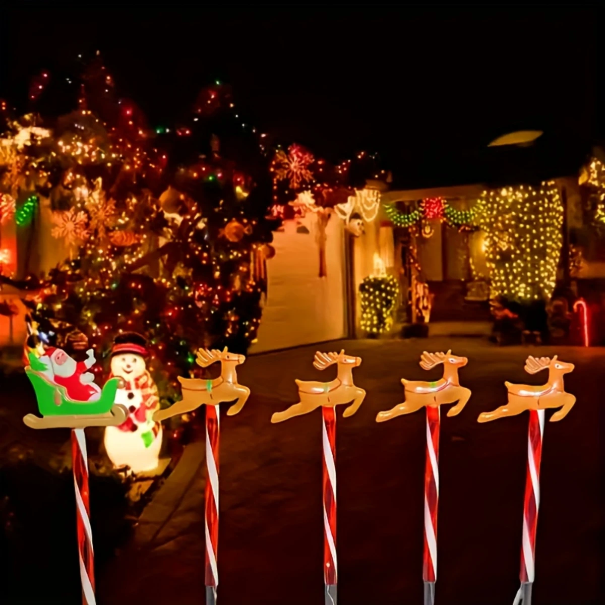 1 Set Solar-Powered Christmas Lawn Stake Lights , Reindeer & Sled LED Decorations, Christmas Outdoor  Lights