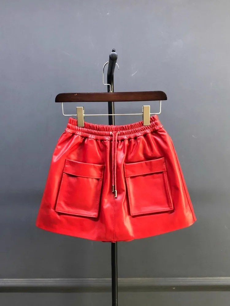 Novo outono natural pele de carneiro cintura elástica shorts saias a linha bolso perna larga casual acima do joelho mini saia de couro genuíno 4xl