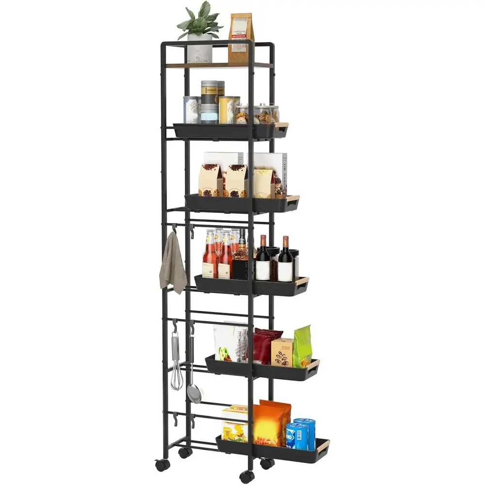 

6 Tier Slim Storage Cart with Pull-Out Baskets Rolling Cart with Wheels Wood Top Narrow Utility Cart Metal Shelving Units