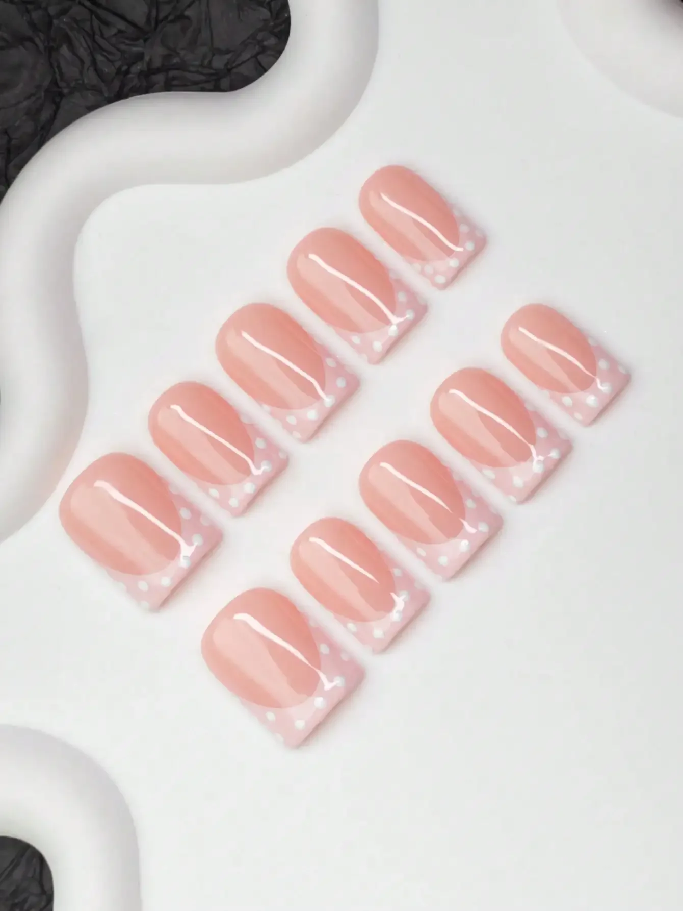 

10pcs Square Shaped Handmade Nail Tips, Y2K Baddie Style, Nude & Pink Color With French Tips And Polka Dot Design, Suitable