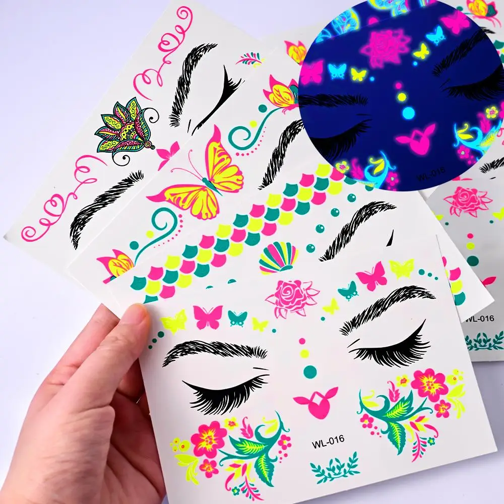 

1Pcs Fluorescent Flowers/Butterfly/Feather Tattoos Stickers Waterproof Face Temporary Tattoo Party Music Festival Glowing Decals