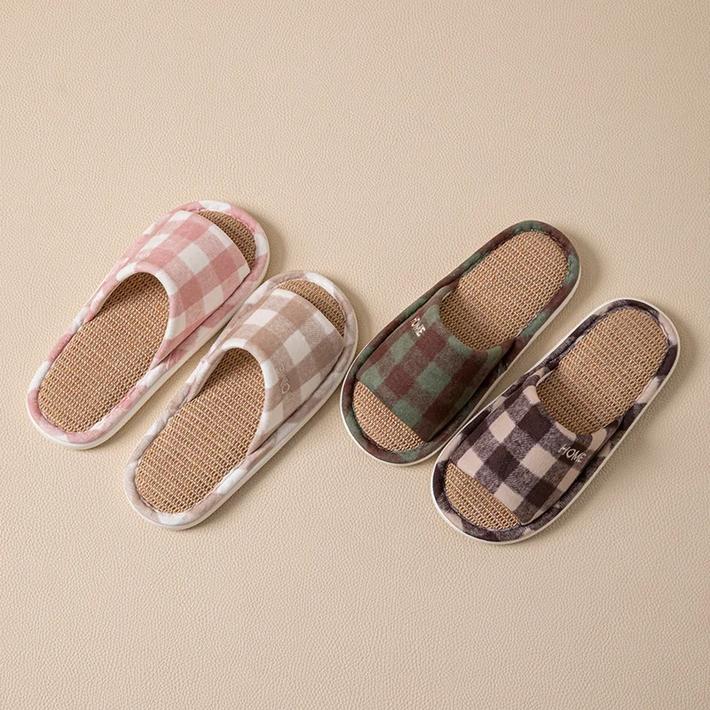 Linen Women's Slippers Home Spring Summer Plaid Designer Woman Shoes Open-Toe Casual New Indoor Slides Unisex Soft Sole Non-Slip image 4
