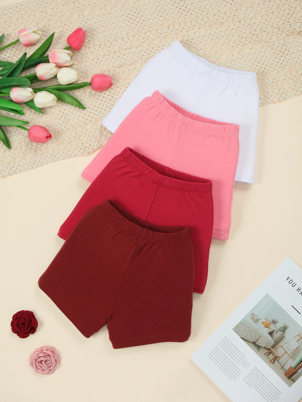 

Комплект из 4 летних шорт для девочек: мягкие хлопковые, однотонные, повседневные, для улицы, базовые и удобные