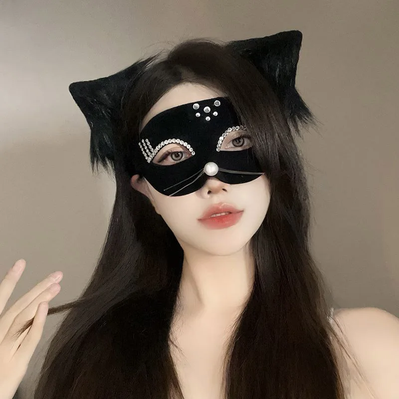 Strass gland vénitien mascarade masques femmes chat demi visage Halloween fête Cosplay Costume accessoires élégant noir