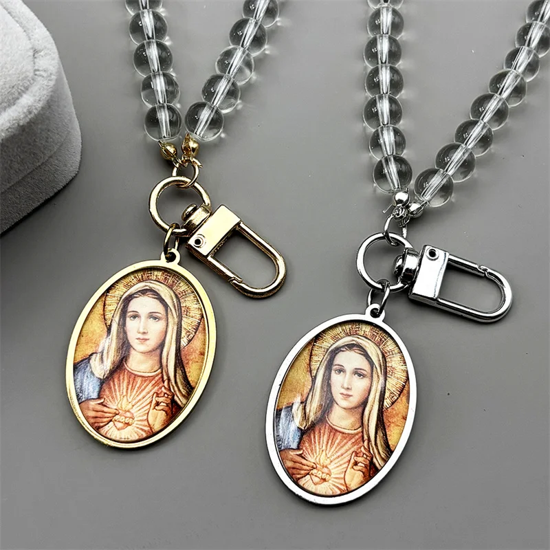 

Sacred Heart Virgin Mary Glass Oval Medal Car Pendant for Women Men Stainless Steel Silver Color Catholic Amulet Beads Jewelry