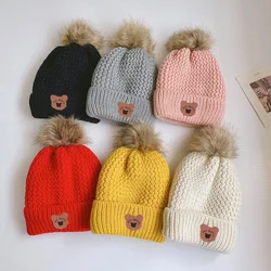 Fall Winter Baby Knit Hat Cartoon Bear Leather Label Thicken Fleece Cap for Boy Girls Cute Pompom Kids Beanie Infant Accessories