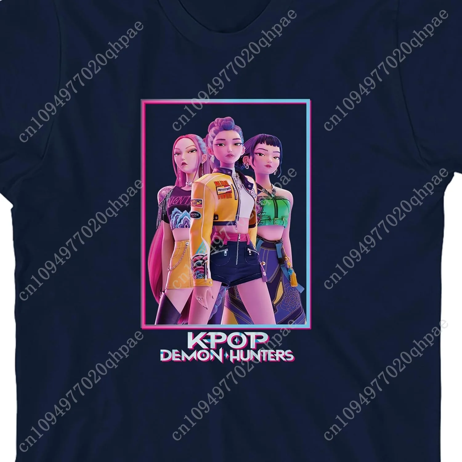 تي شيرت Kpop Demon Hunters Box Art Huntrix Youth Navy برقبة دائرية وأكمام قصيرة #2
