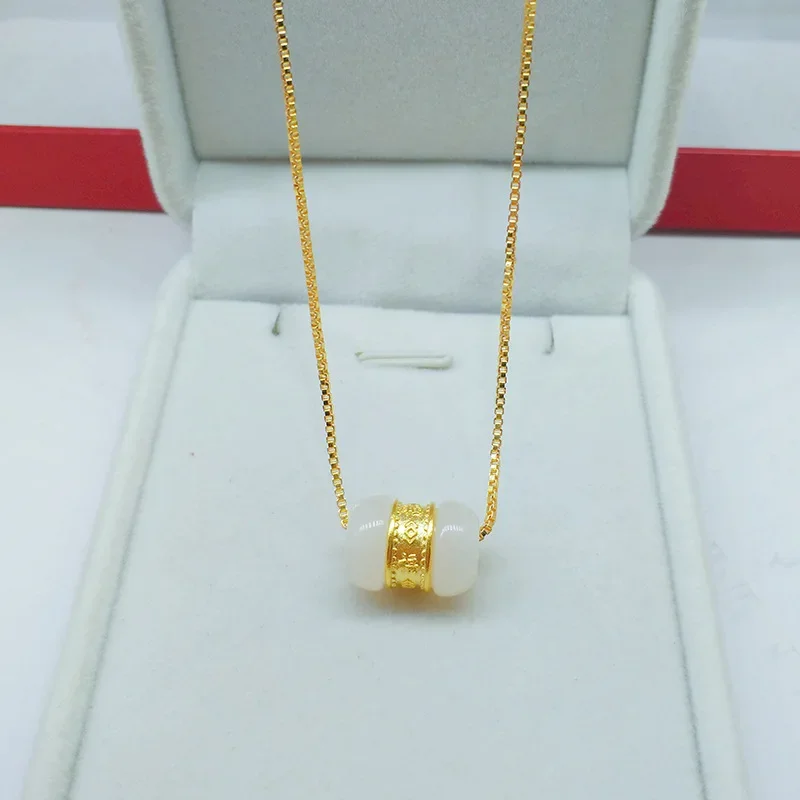 VivoGold VivoGold Women's 9999 24K Real Gold Road Pendant Fashion Transfer Bead Necklace Pendant Gold Inlaid with Jade for Women