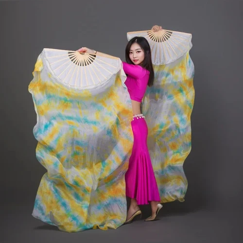 Imagen 2 del producto Velos de abanico de seda Natural pura 100% teñidos para mujer, abanico de danza del vientre, 1 par, venta caliente, abanicos de seda de Color degradado para danza del vientre