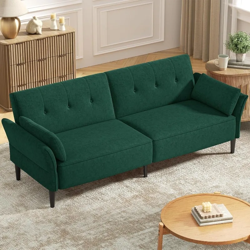 

89” Futon Sofa Bed, Velvet Fabric Comfy Futon Couch Bed with 2 Square Pillows, Convertible Sleeper Sofa