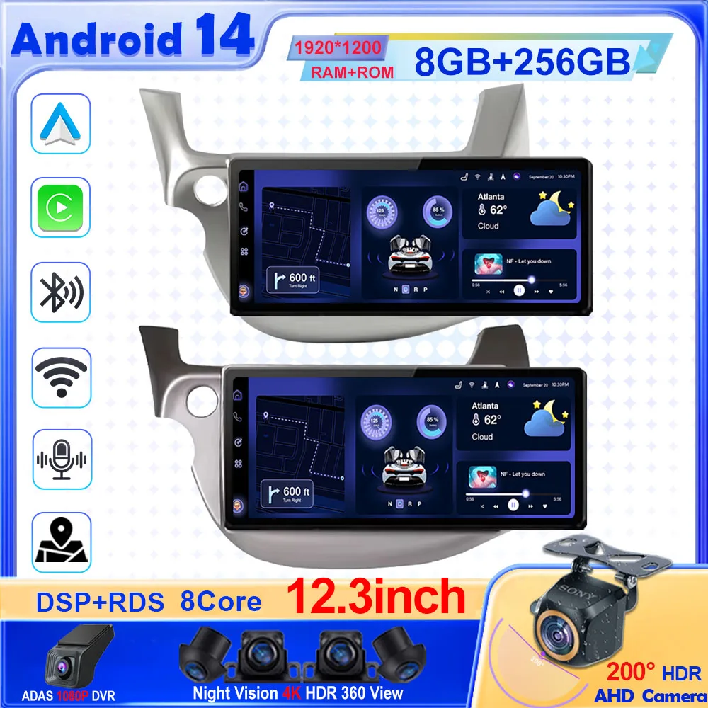 

12,3-дюймовый Android для Honda Jazz Fit 2007-2013, авторадио, мультимедиа, Carplay, стерео, видео, автомобильный экран, сенсорный QLED-экран, без 2din