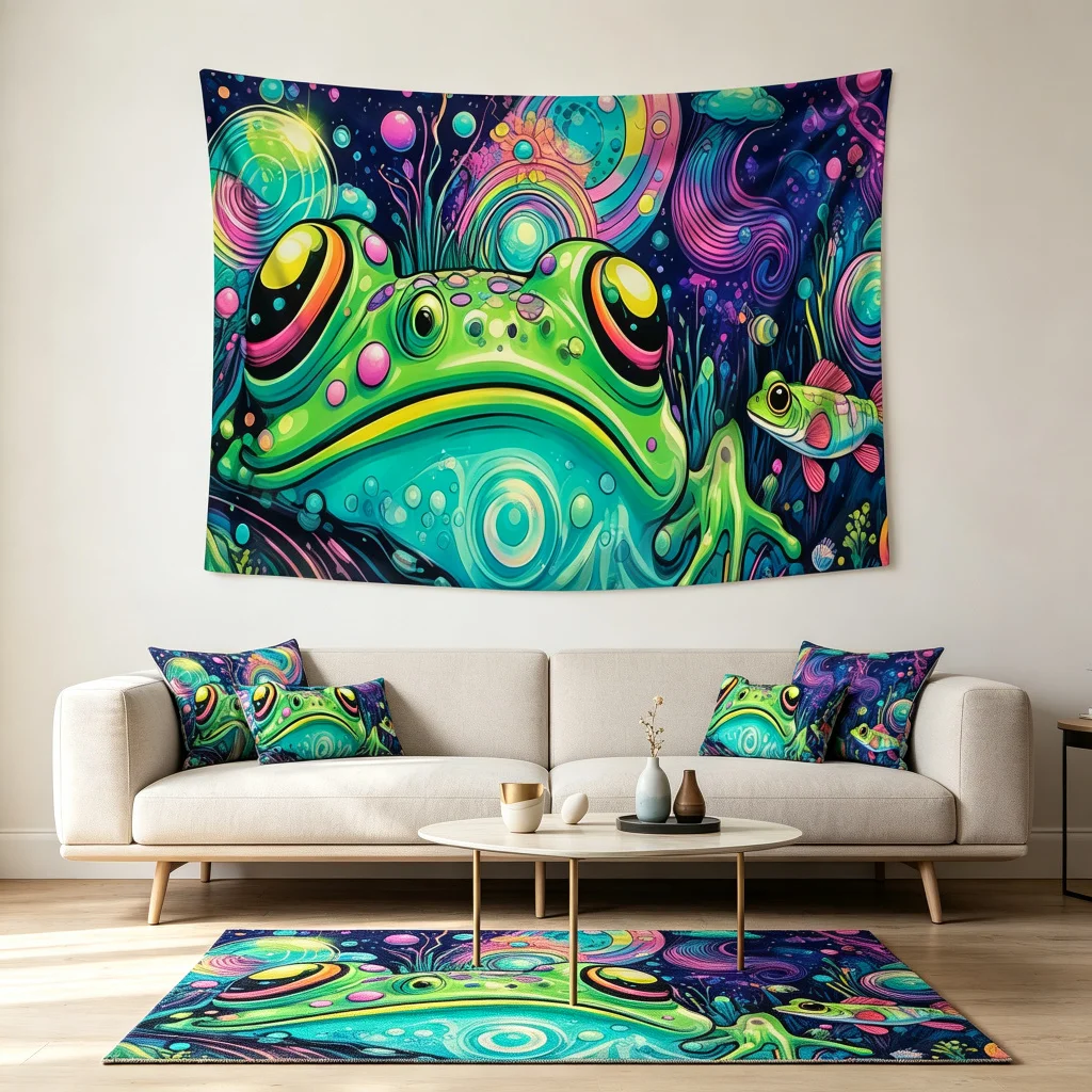 1PC Psychedelic Frog Art Print Backdrop Banner, Bedroom Living Room Photo Background, Polyester, Home Decor, Wall Art