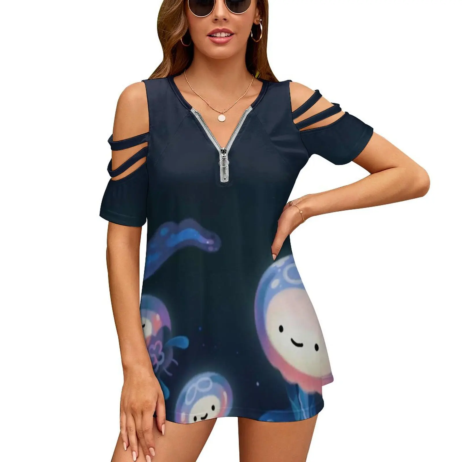 

Full Moons Women's T-Shirt Summer Fashion Print Floral V-Neck Zipper Tshirt Hollow Pullover Ladies Top Moon Fall Autumn Summer