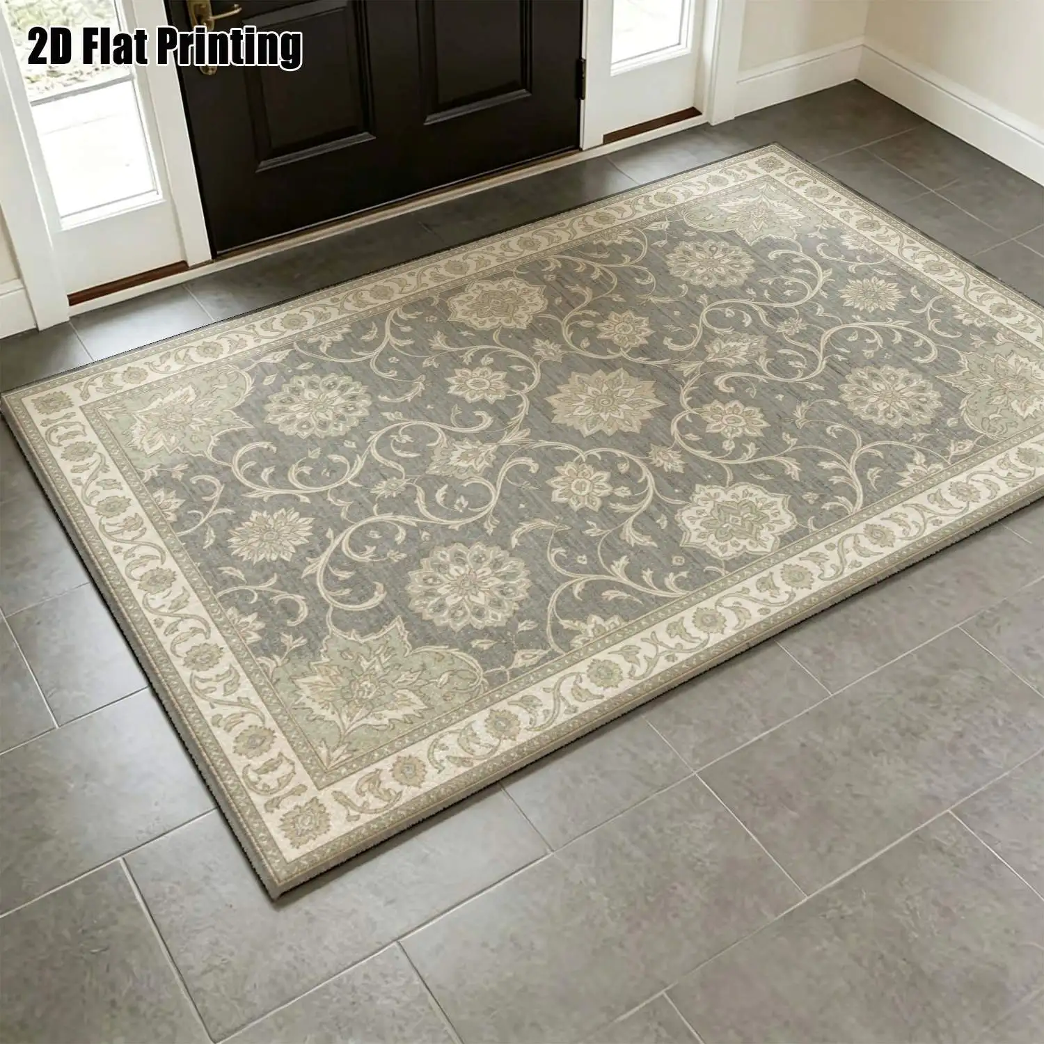 1Pc 2D Printed Gray-Beige Floral Scroll Carpet, European Style, Vintage/Geometric/Minimalist Designs, Multi-Size, Machine Washable, for Home Decor Multi-Scenes