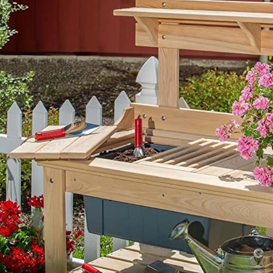 Outdoor Gardening Potting Table Workstation, Cypress Wood, Natural Brown, Foldable Ergonomic Design
