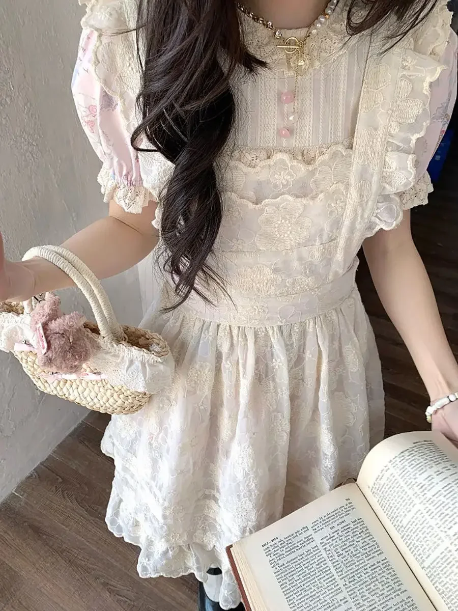 

Новинка лета 202, супер фея, кружевной фартук в стиле Лолиты с вышивкой, лесная девушка, милое платье на подтяжках с летающими рукавами и рюшами, накидка