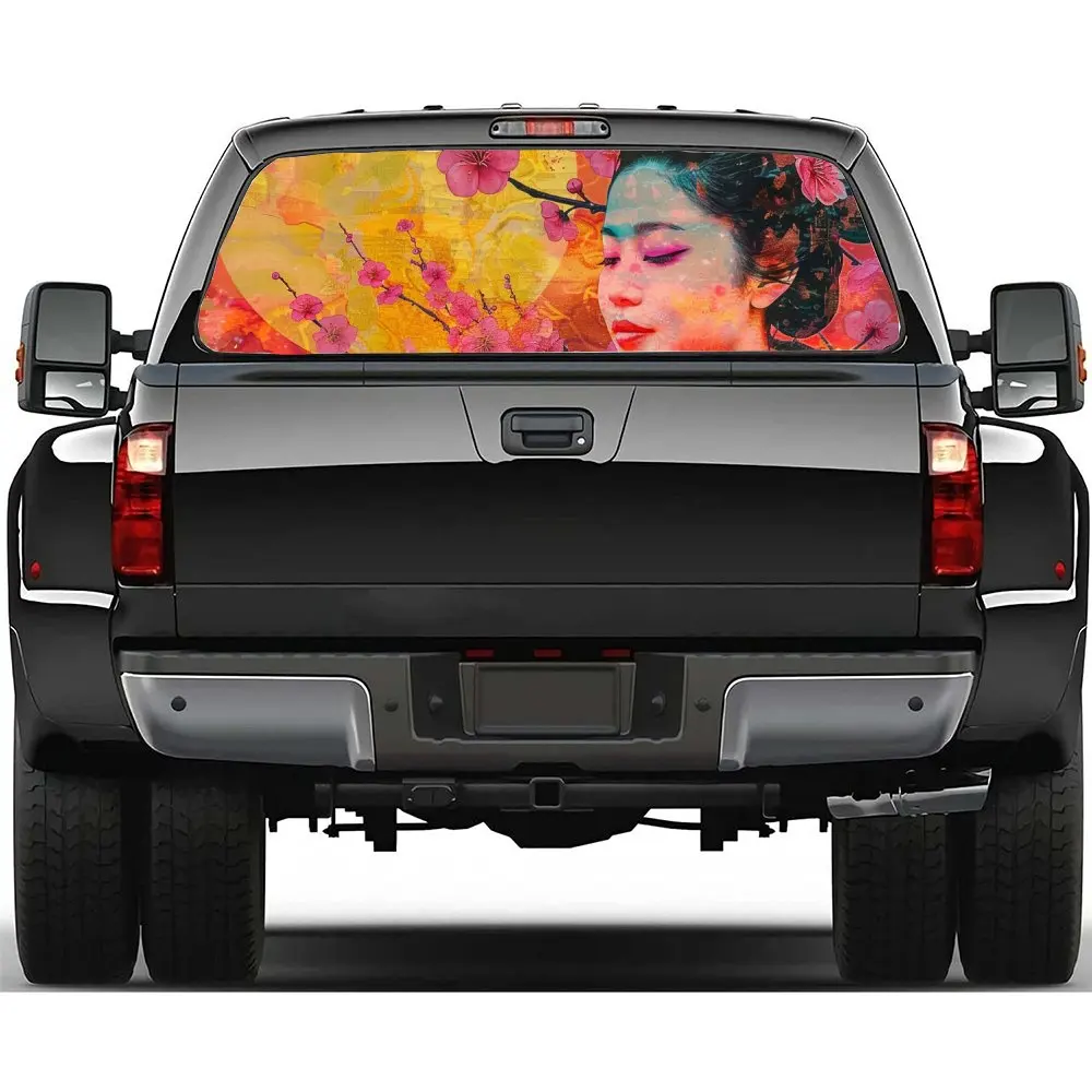 

Japanese Geisha Flower Print Car Rear Windshield Sticker Truck Window See Through Perforated Back Window Vinyl Decal Decoration