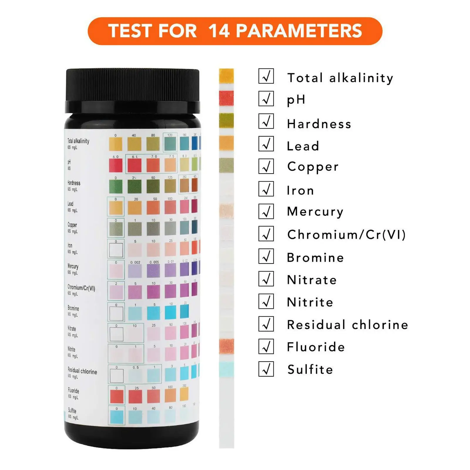 Drinking Water Test Kit with 50 Strips for Home Aquarium Pond Iron Ph Hardness Nitrate Testing