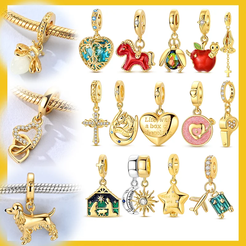 

New Charms Beads 925 Sterling Silver Gold Tree of Life Horse Apple Pendant Beads For Bracelet Women DIY Jewelry Gift