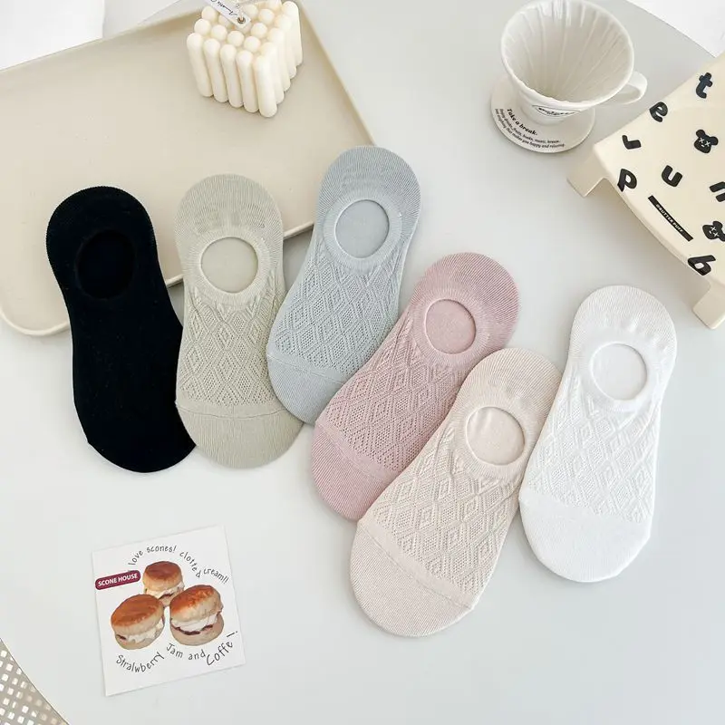 Women'S Summer Socks Diamond Mesh Thin Ventilate Cotton Socks Solid Color Sport Short Anti-Slip Low Barrel Stockings For Women