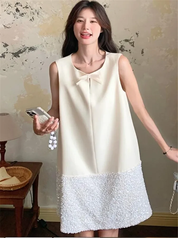 Elegant Women Fashion Birthday Party Dress Beige Blingbling Sequins Patchwork A Line Dress O Neck Bow Summer Tank Mini Dress