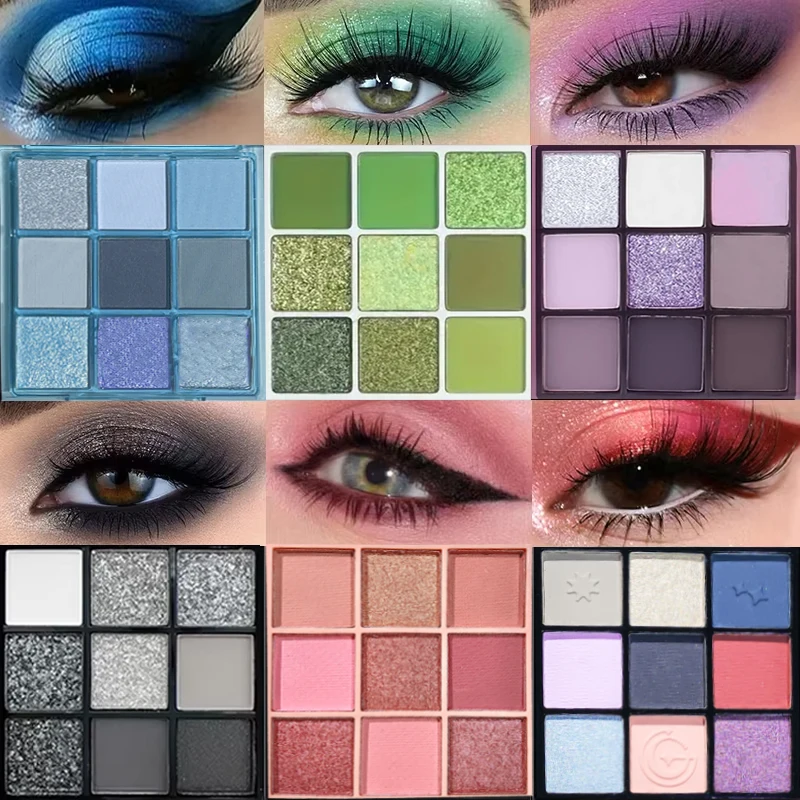Oogschaduwpalet met 9 rasters - paars en blauw en zwart, glitter, mat, meerkleurige opties, langdurige muziekfestivalpodiumcosmetica