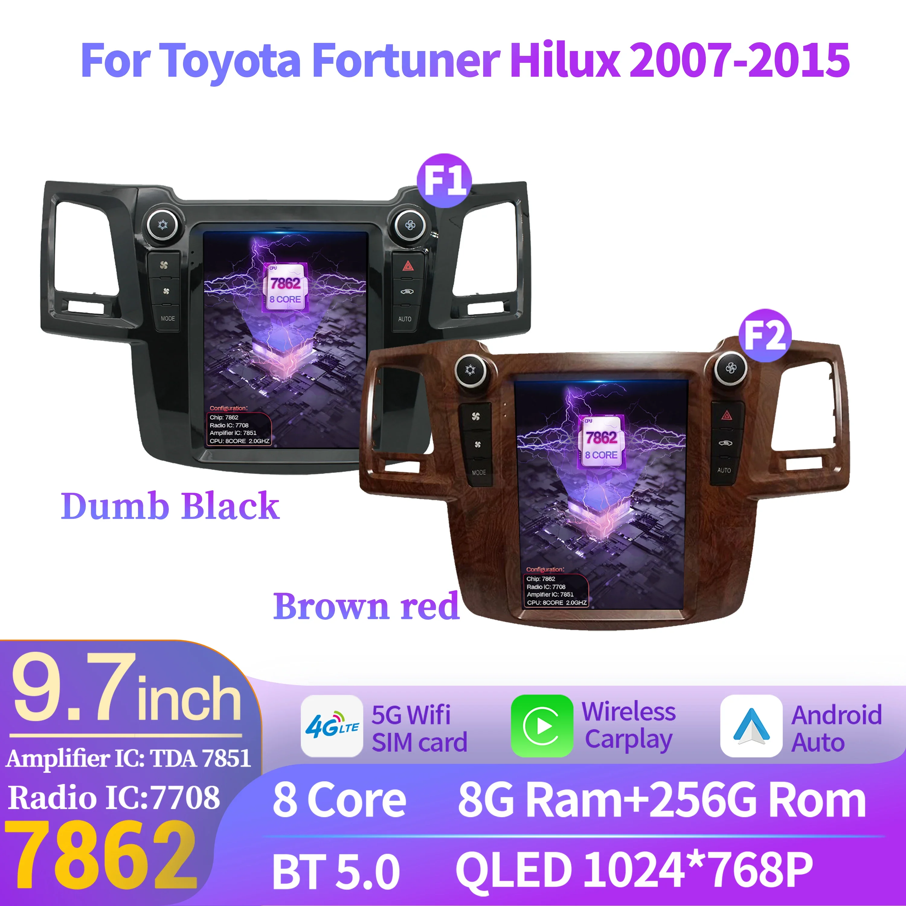 

9.7inch Car Radio Multimedia For Toyota Fortuner Hilux 2007-2015 Android 14 Wireless BT Carplay QLED Screen