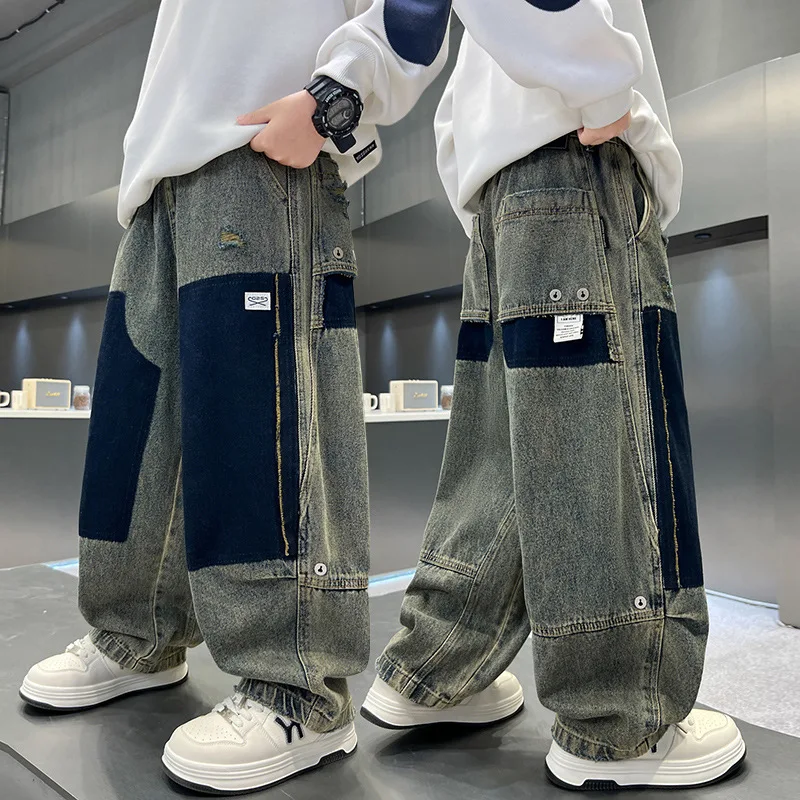 Autumn New Arrival Boys Fashion Patchwork Jeans Child Casual Straight Leg Loose Fit Denim Trousers Trendy Brand Big Kids
